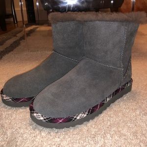 UGG Classic Mini Rock Back Zipper Plaid Trim Boots